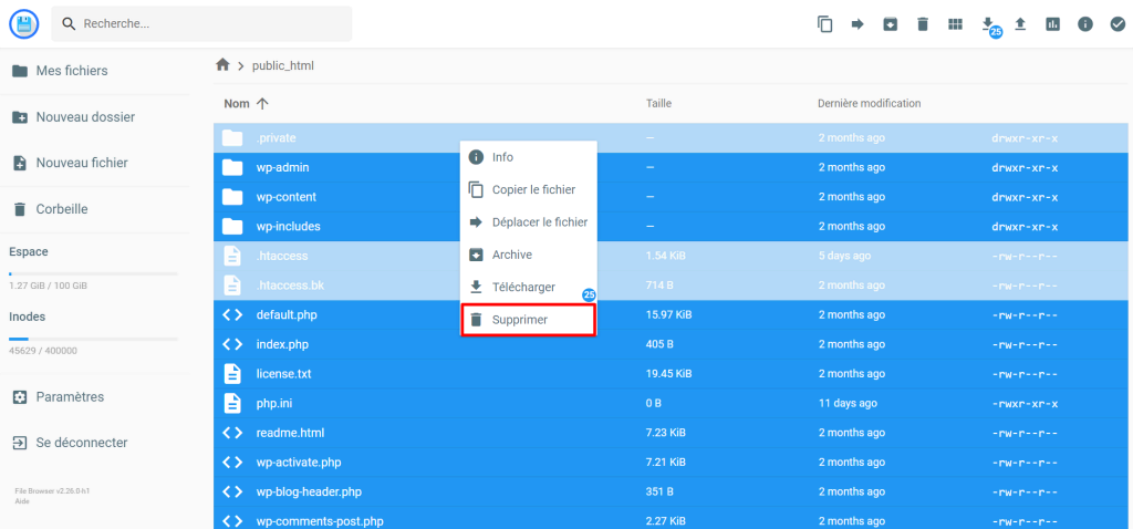 L'option Supprimer mise en évidence dans le dossier public_html du gestionnaire de fichiers d'Hostinger. 