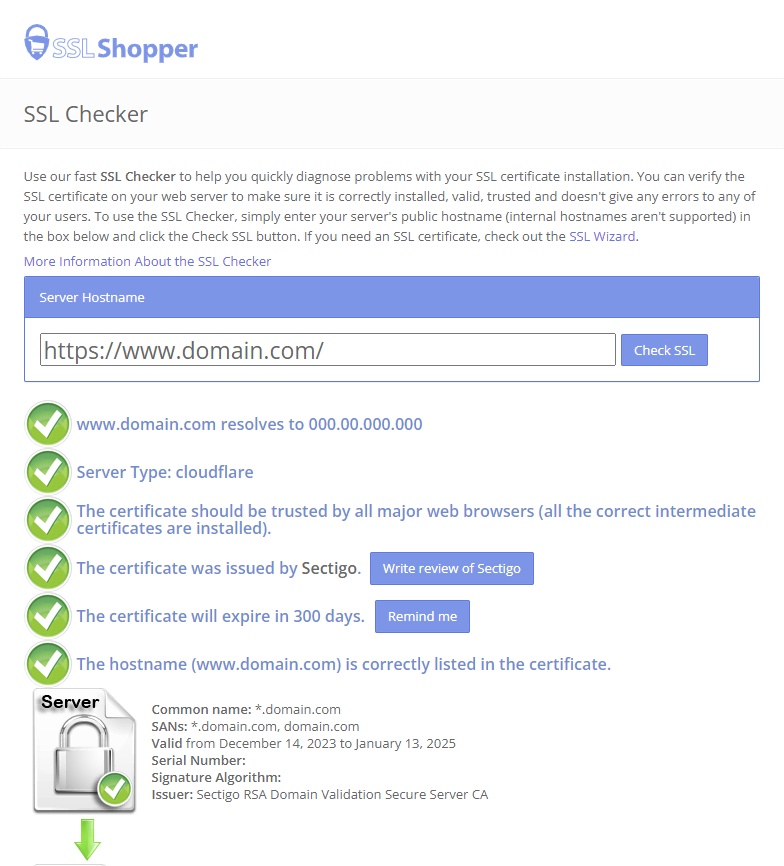 Rapport de vérification SSL par SSL Shopper 