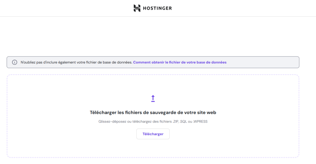 Étape de la migration Hostinger au cours de laquelle l'utilisateur importe son fichier de sauvegarde