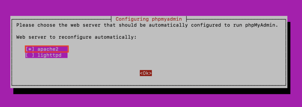 Choisir Apache comme serveur web lors de la configuration de phpMyAdmin 