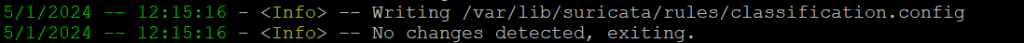 Le terminal indique que le jeu de règles actuel de Suricata est à jour 