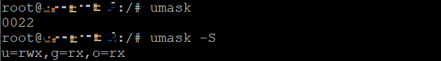 Le terminal affiche la valeur actuelle de umask en notation symbolique et octale. 
