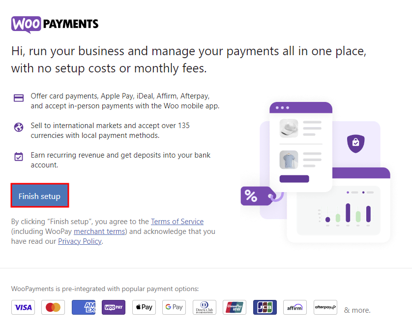 Tableau de bord des paiements WooCommerce, mettant en évidence le bouton pour terminer le processus de configuration