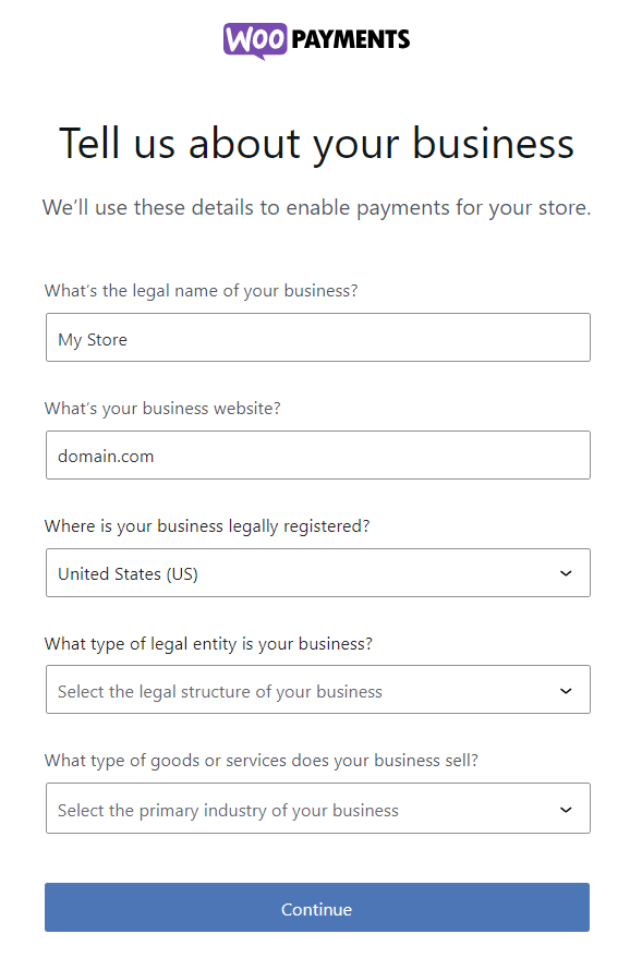 Formulaire d'inscription WooPayments pour entrer les informations du magasin