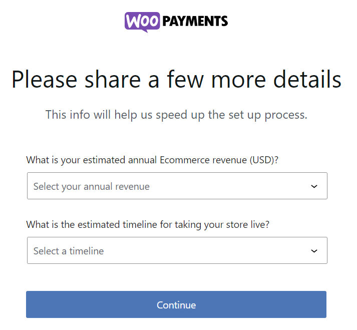 Formulaire d'inscription WooPayments pour estimer le revenu annuel et le délai de lancement