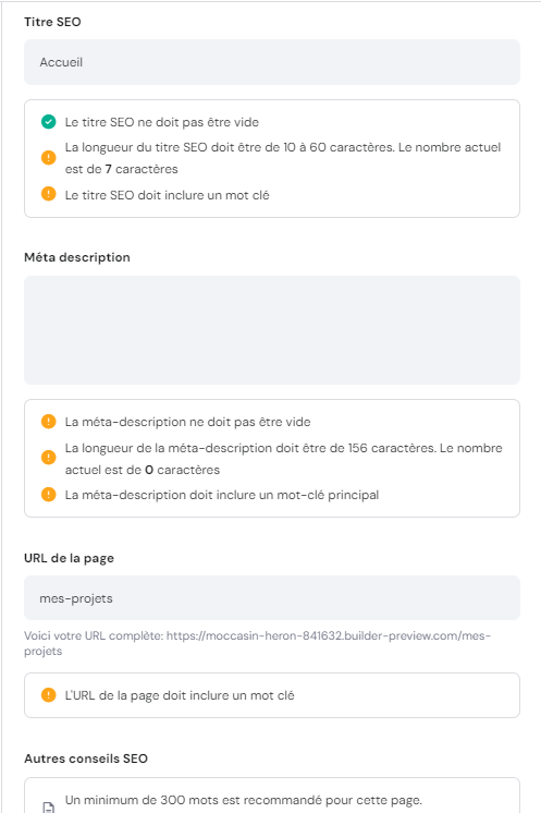 Liste des recommandations SEO du créateur de site Hostinger