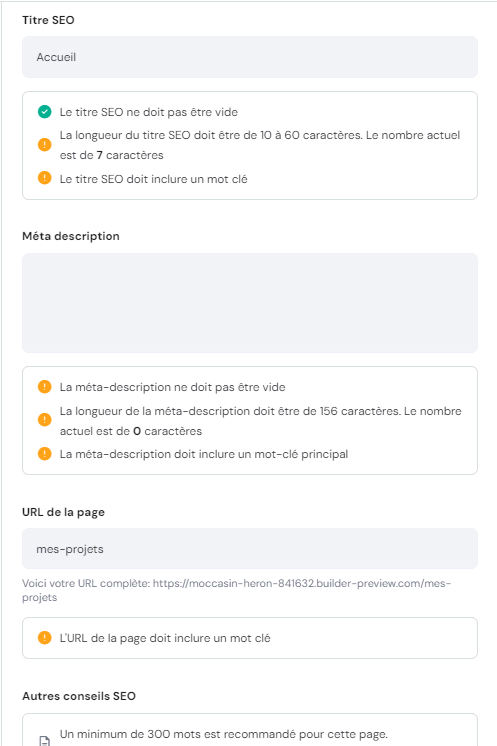 Liste des recommandations SEO du créateur de site Hostinger