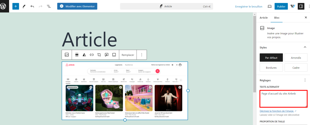Le champ Texte alternatif dans les paramètres du bloc d'image de WordPress 