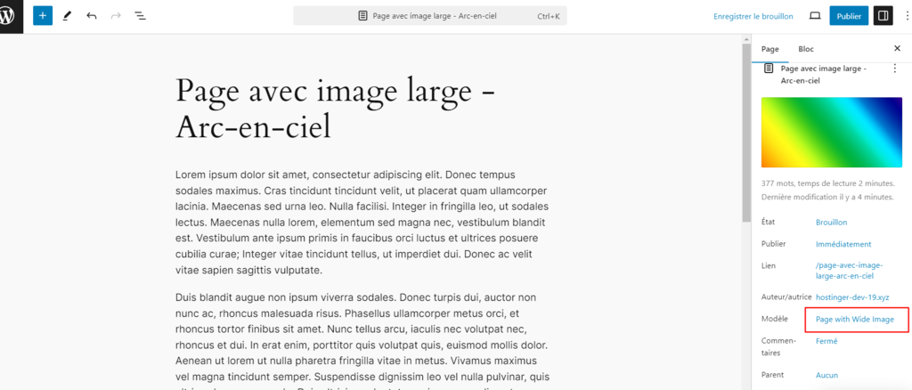 Changer le modèle d'une page en page avec image large