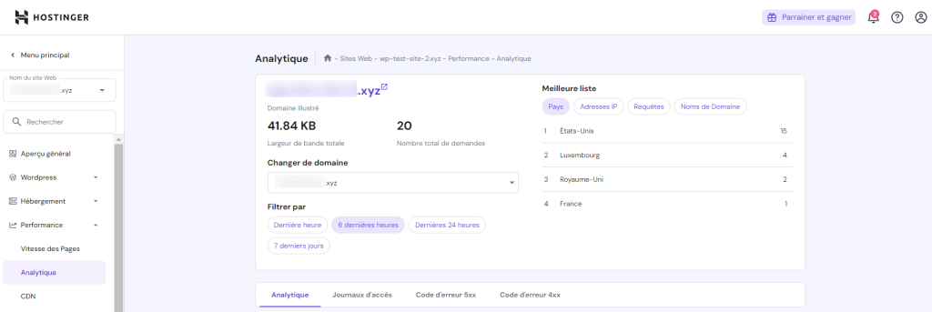 Onglet d'analyse des performances du site Web dans hPanel 