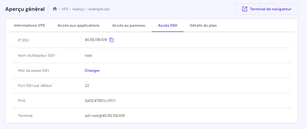 Onglet d'accès SSH dans le menu d'aperçu du VPS de hPanel