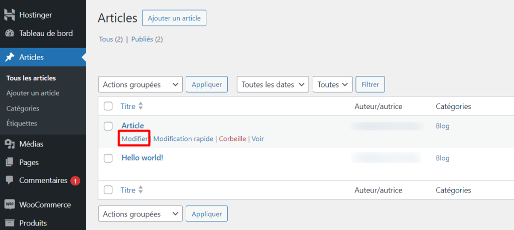 Le bouton " Modifier " du menu " Tous les articles " de WordPress 