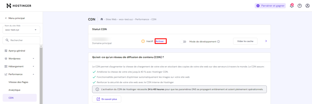 Le sous-menu CDN dans hPanel 