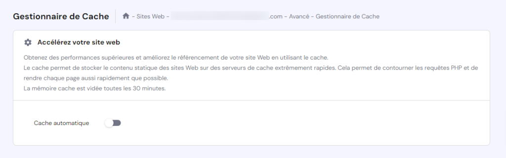 Page du gestionnaire de cache de hPanel