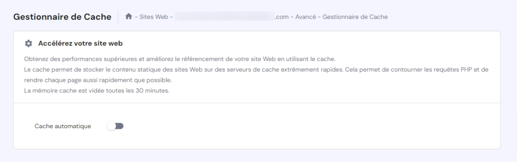 Page du gestionnaire de cache de hPanel