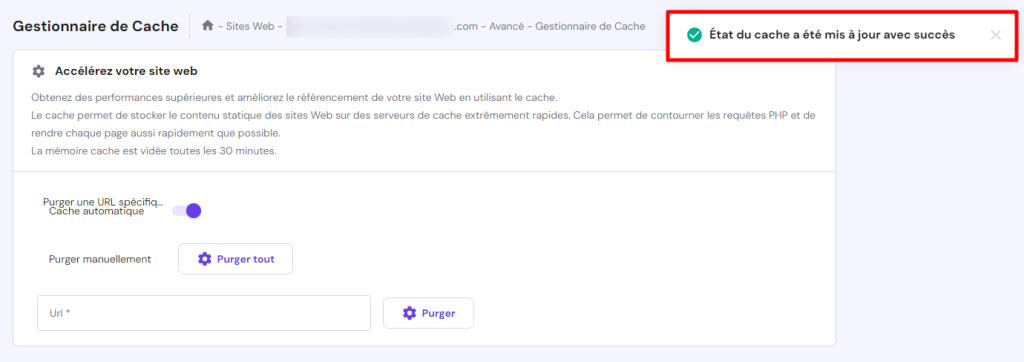 Le gestionnaire de cache de hPanel affiche un message de réussite de la mise en cache automatique.