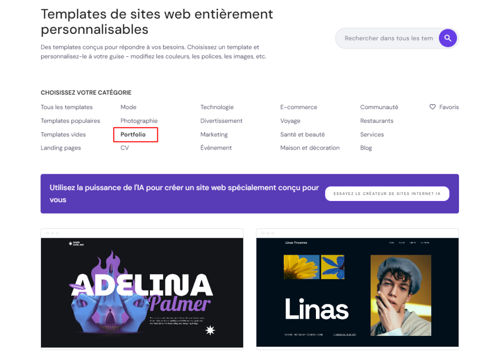 Page de templates Hostinger soulignant la catégorie Portfolio