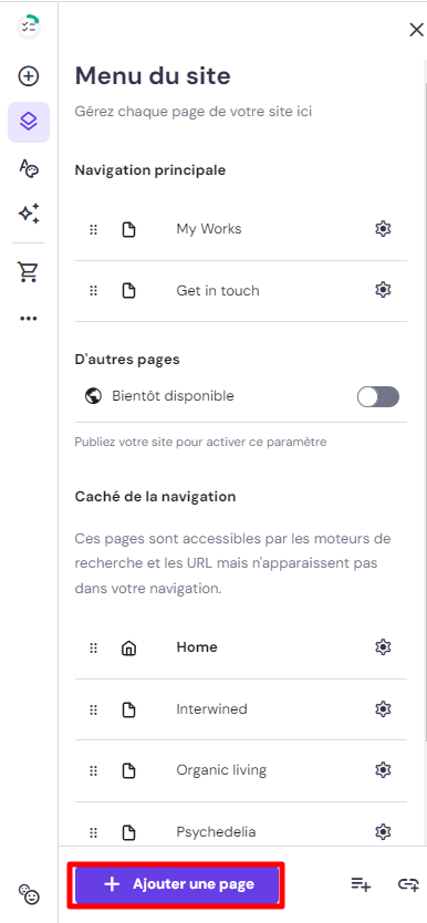 Le bouton Ajouter une page dans le créateur de sites Hostinger