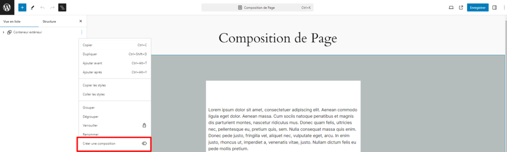 Le menu des options de bloc dans l'éditeur de bloc, avec l'option « Créer une composition » en surbrillance 