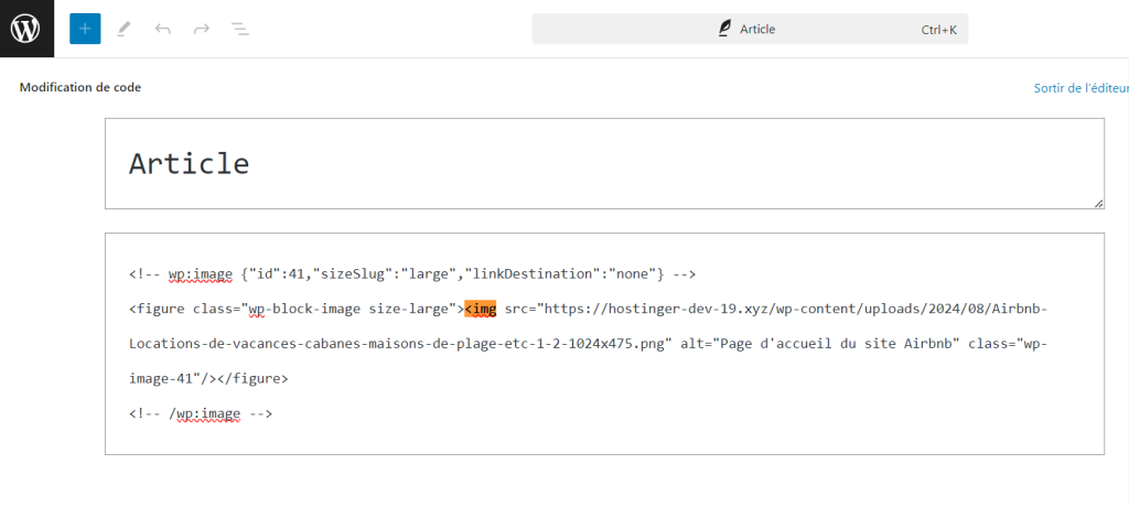L'éditeur de code d'un article WordPress utilisant la recherche de balise img 