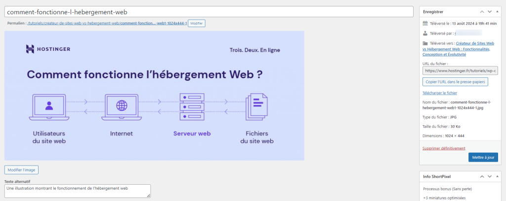 Détails de la pièce jointe dans la médiathèque WordPress indiquant le nom du fichier de l'image, le texte alt et la taille du fichier