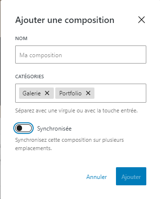 La fenêtre contextuelle permettant de créer une composition dans l'éditeur de blocs