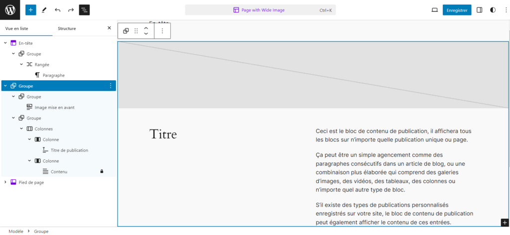 La page avec un modèle d'image large dans l'éditeur de blocs