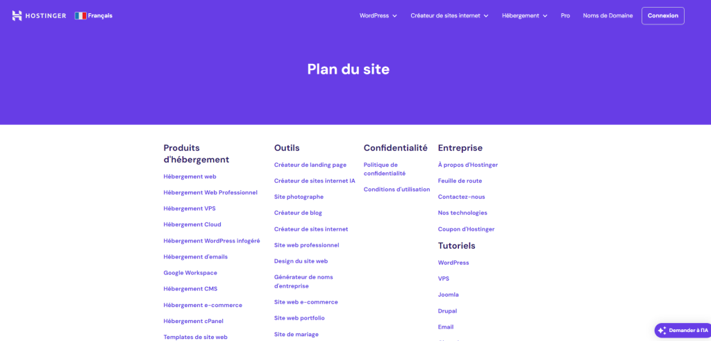 Plan du site d'Hostinger 