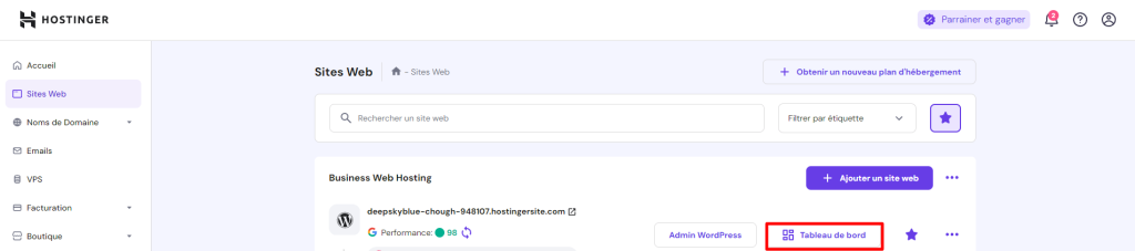 Le menu Sites web de hPanel avec le bouton Tableau de bord en surbrillance 