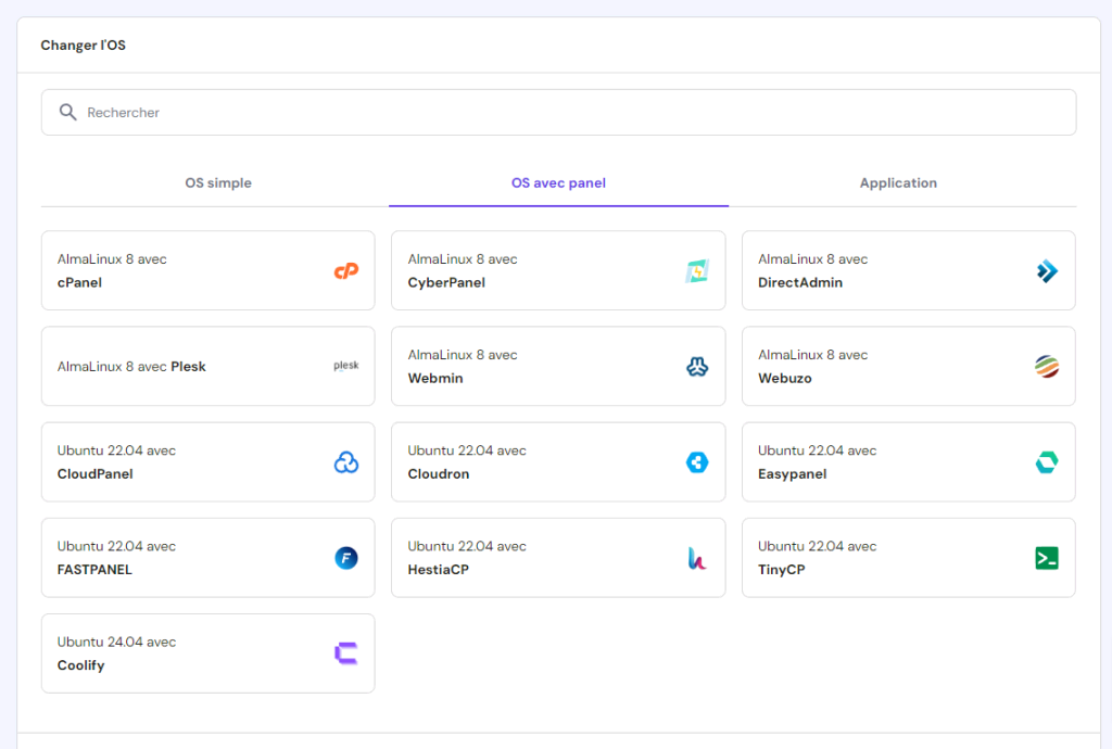 Menu d'installation du système d'exploitation avec panel dans hPanel