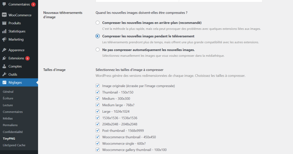 Les sous-sections Nouveaux téléversements d'images et Tailles d'image dans les paramètres de TinyPNG