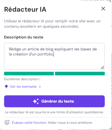 Formulaire du Rédacteur IA du créateur de site Internet Hostinger