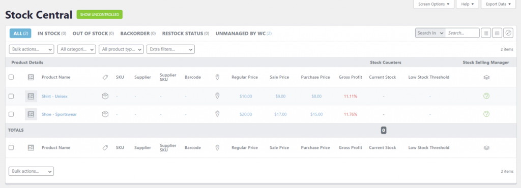 L'interface Stock Central d'ATUM 