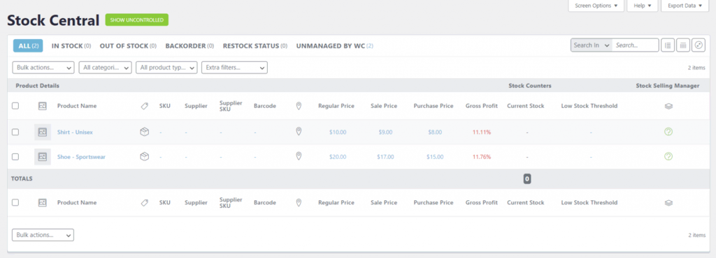 L'interface Stock Central d'ATUM 