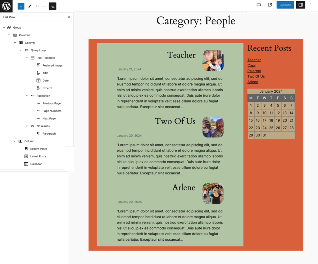 Exemple d'utilisation de la composition d'archives personnalisée pour la page de la catégorie "People"