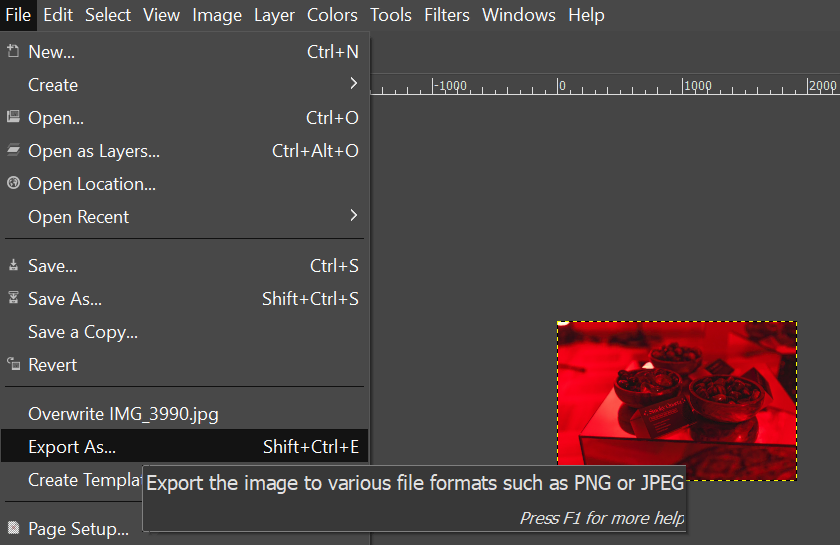 L'option Exporter sous du menu Fichier de GIMP