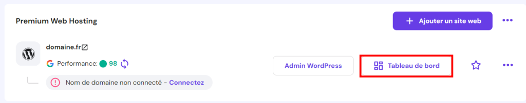 Le bouton du tableau de bord est mis en évidence dans l'onglet Sites web de hPanel.