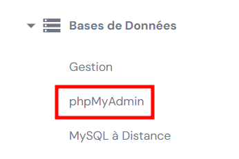 Le menu phpMyAdmin sur hPanel.