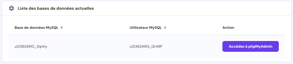 La liste des bases de données sur hPanel. 