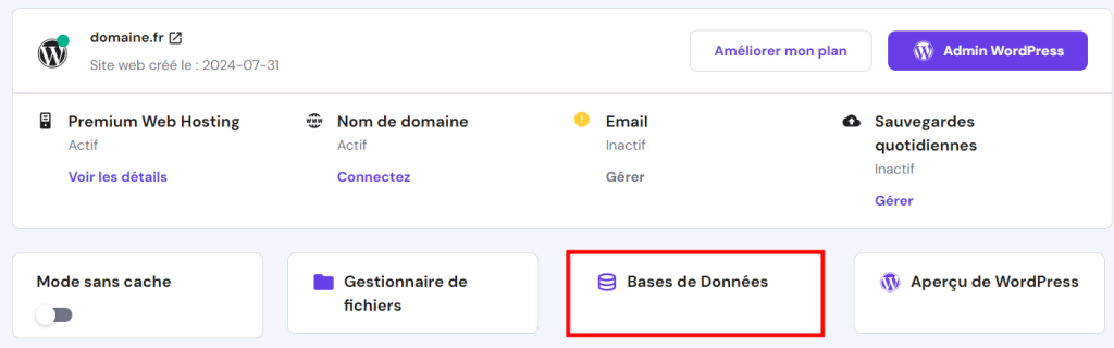 Le menu de la base de données sur le tableau de bord hPanel.