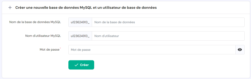 La page de création d'une nouvelle base de données sur hPanel.