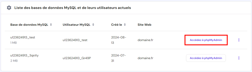 Entrez dans le bouton phpMyAdmin mis en évidence sur le hPanel.