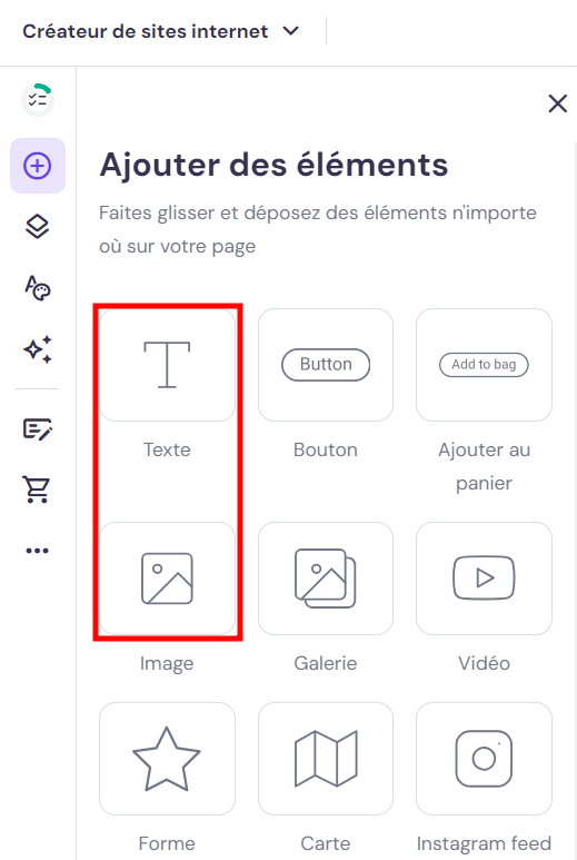 Option d'ajout d'éléments du créateur de sites internet de Hostinger