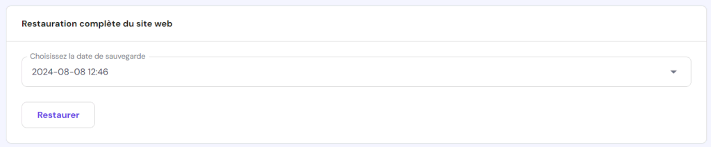 Écran de restauration du site web sur le hPanel de Hostinger.