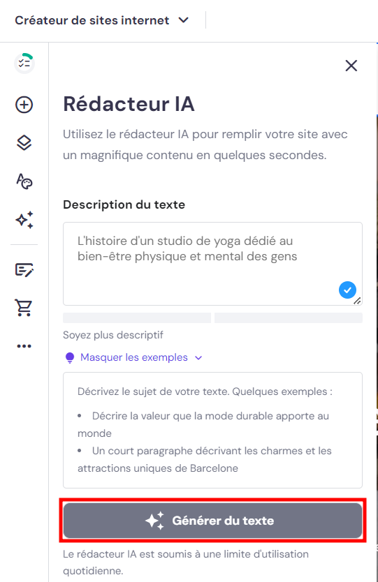 Rédacteur IA du créateur de sites internet de Hostinger