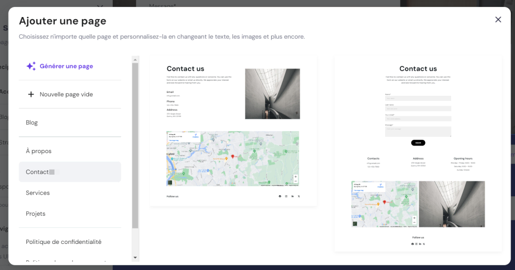 Option de template de page de contact du créateur de sites internet Hostinger