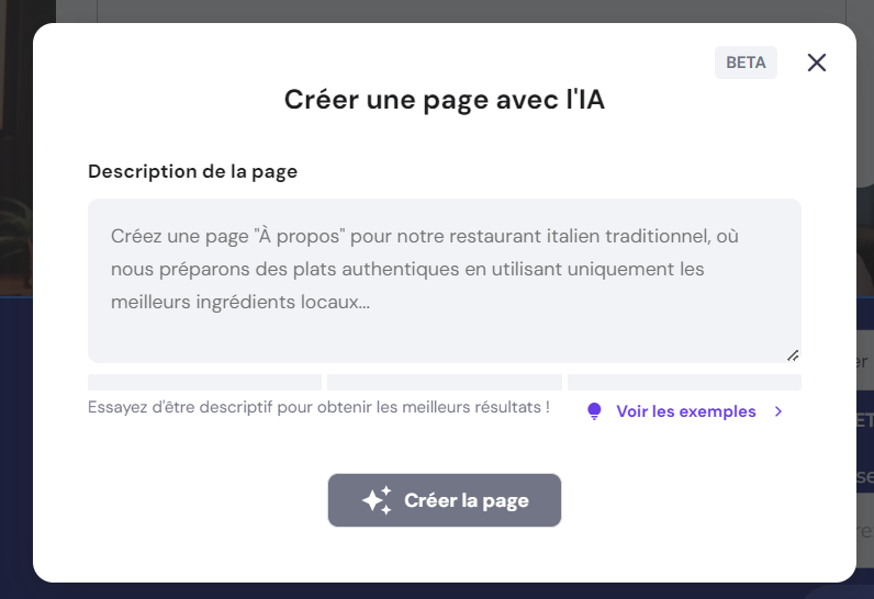 L'outil de génération de pages IA de Hostinger