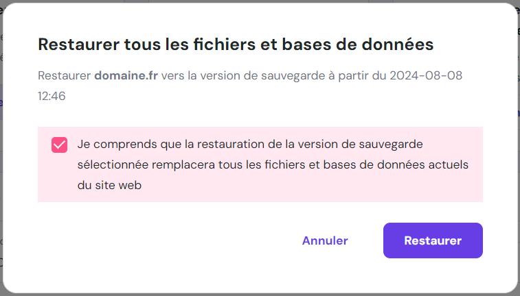 Le bouton de restauration est mis en évidence dans l'avertissement contextuel du hPanel concernant les fichiers et les bases de données.