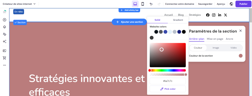 Outil de sélection des couleurs du créateur de sites internet de Hostinger