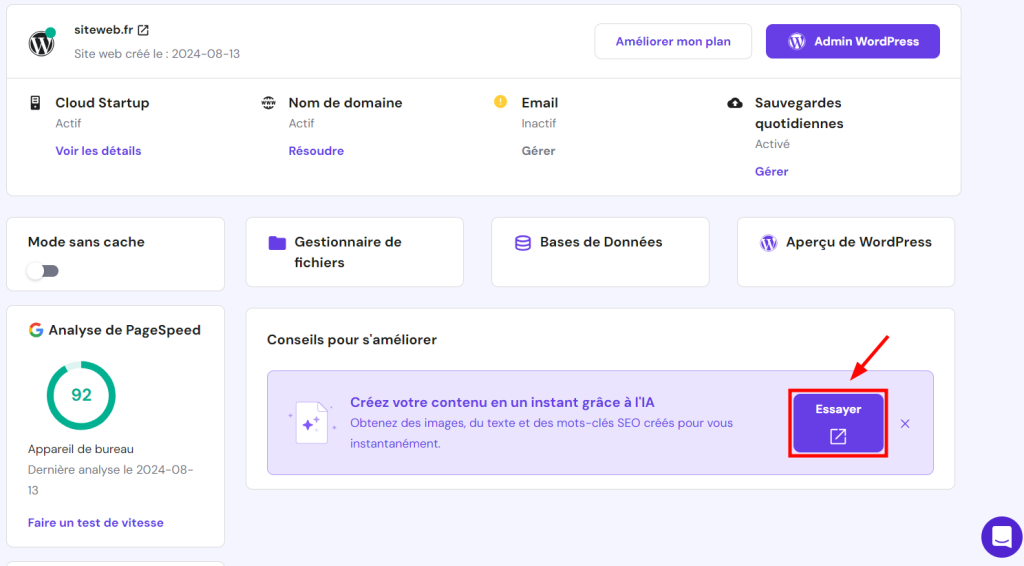 Le bouton Essayer est mis en évidence dans la section Conseils pour améliorer le tableau de bord hPanel.